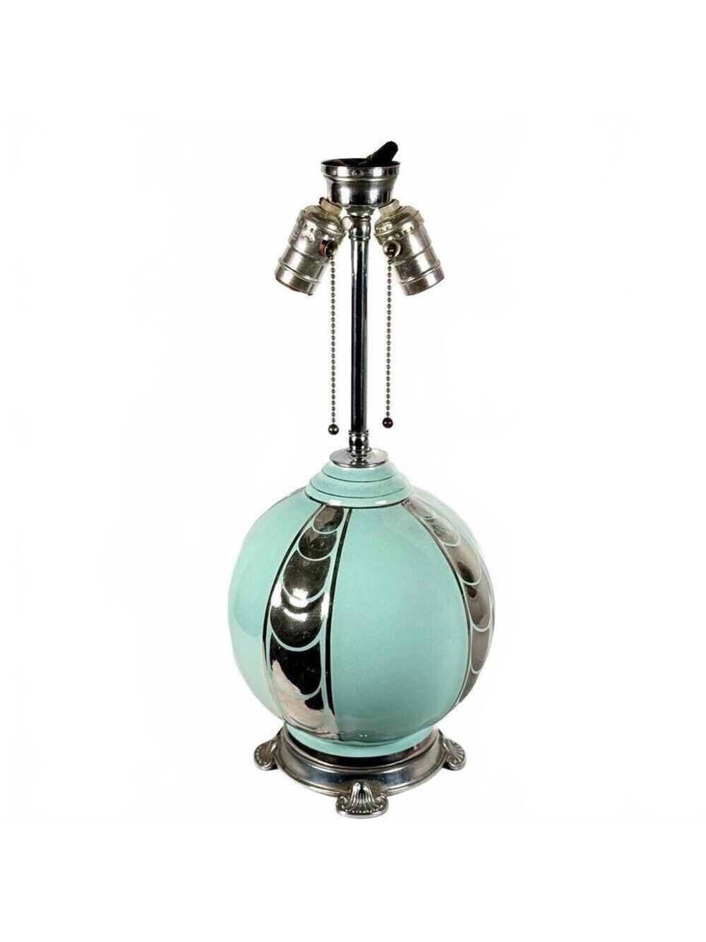Birks Art Deco Ceramic Lamp Celadon with Chrome-Color Decoration Double Socket